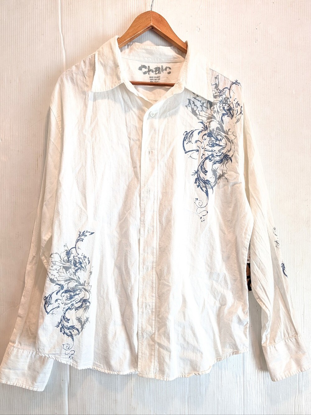 CHALC Men's White Button-Up Cotton Shirt with Blue Floral Print Size Large